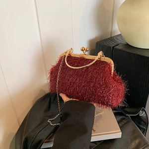 Elegant Faux Fur Evening Clutch Bag Women PU Leather Plush Chain Shoulder Bag Retro Underarm Bag For Wedding Party Daily