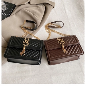 Detail view of quilted leather texture and golden S-shaped hardware with tassel on a small bag