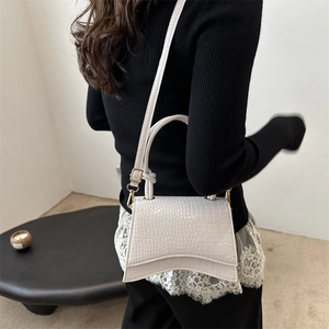 White crocodile embossed hourglass top-handle crossbody bag with golden hardware