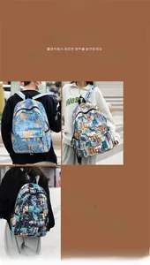 Detail view of large capacity street style canvas backpacks with graffiti letter prints