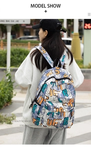 Detail showing the graffiti print backpack worn by a model in an outdoor street setting