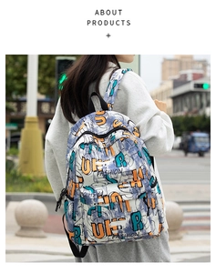 Street style graffiti backpack with FASHION print shown from a rear view on a model