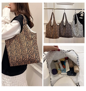 Detailed views of leopard print tote bag showing large capacity and three color options