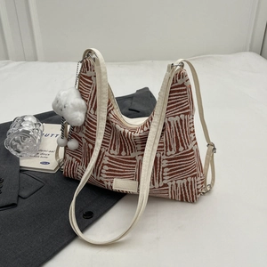 Large Capacity Women Striped Nylon Tote Bag Urban Simple Shoulder Messenger Bag With Plush Cloud Pendant Casual Commuter Bag