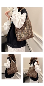 Multiple views of leopard print tote bag showing large capacity and shoulder strap detail