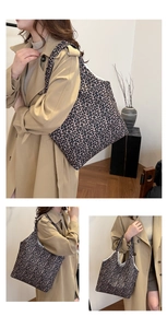 Collage of model wearing vintage leopard print tote bag with soft fabric and brown tones