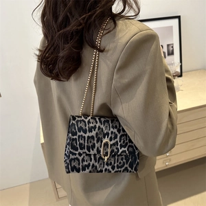 Minimalist leopard print chain crossbody bag with golden hardware shown on a model