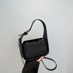 Fashion Rhinestone Studded Small Square Shoulder Bag For Women PU Leather Underarm Crossbody Bag Punk Style Trendy Handbag