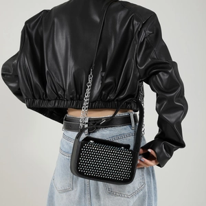 Chic black crossbody bag with silver rhinestones and metal chain strap for women