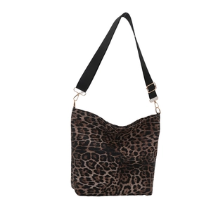 Leopard print canvas tote bag with wide adjustable shoulder strap and gold hardware