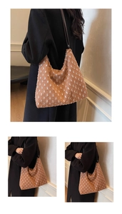 Detailed views of a brown textured canvas hobo bag with white frayed hole design details