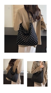 Polka dot hobo tote with brown leather strap shown in three stylish perspectives