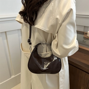 Retro dark brown patent leather crescent hobo bag with adjustable strap for women