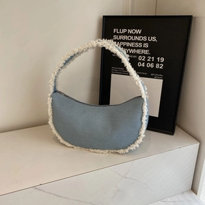 Sac Hobo en Nylon Mode pour Femmes Bordure en Laine d'Agneau Artificielle Sac à Épaule Lune Couleur Unie Décontracté Hiver