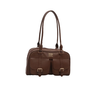 Retro dark brown pebbled leather shoulder bag with dual buckled pockets and long handles