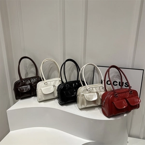 Retro glossy faux leather square shoulder bags in coffee, white, black, and red colors