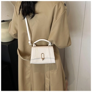Détail du petit sac blanc à motif crocodile avec fermoir ovale en métal doré élégant