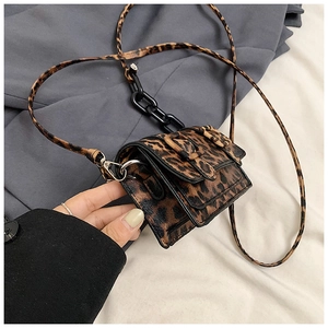 Mini leopard print crossbody bag with black plastic chain and double buckle detail