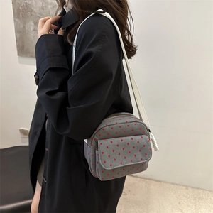 Fashionable grey heart print nylon crossbody bag with wide white strap for women