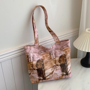 Women Large Capacity PU Leather Tote Bag Vintage Denim Print Patchwork Shoulder Bag Casual Commuting Fashion Handbag