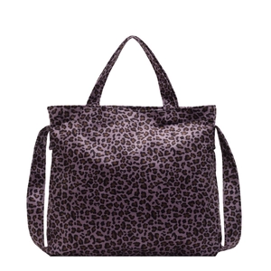 Fashionable purple leopard print canvas tote bag with dual handles and shoulder strap