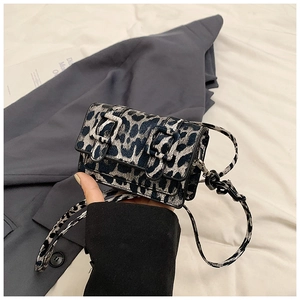 Detail of small leopard print crossbody bag with dual buckle design and slim strap