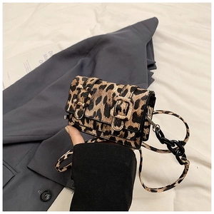 Detail of leopard print mini crossbody bag with vintage buckles and chain strap