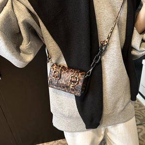 Fashionable leopard print crossbody bag with chain strap shown on a model outfit