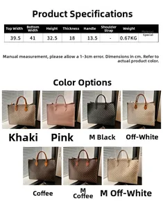 Tableau des tailles et options de couleurs pour grand sac cabas vintage avec dimensions