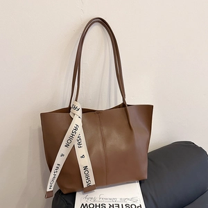 Large Capacity PU Leather Tote Bag For Women Solid Color Shoulder Bag With Fashion Ribbon Decor For Work Office Commuting Daily