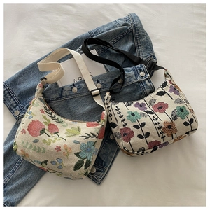 Detail of floral jacquard hobo bag with adjustable strap and smooth zipper closure