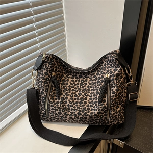 Leopard Print Nylon Large Capacity Tote Bag Women Casual Shoulder Crossbody Bag Adjustable Wide Strap Commuter Handbag