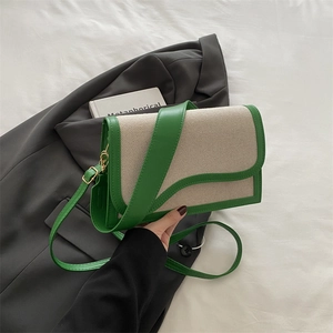 Women Fashion PU Splicing Canvas Colorblock Shoulder Bag Chic Wave Flap Square Crossbody Bag For Daily Streetwear