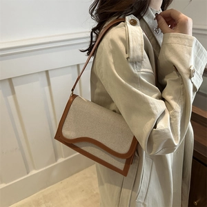 Chic canvas and brown PU leather patchwork crossbody bag for women in casual style
