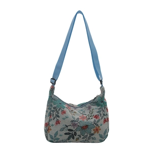 Floral print hobo bag with adjustable blue strap and large capacity fabric design