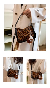 Close-up and modeling views of a leopard print crossbody bag with plush charm detail