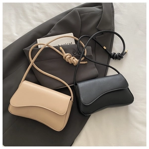 Minimalist black and beige PU leather shoulder bags with asymmetric wave flap design