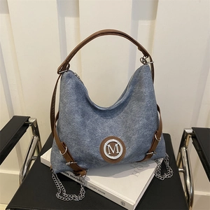 Women Large Capacity Vintage Washed Canvas PU Leather Tote Bag Urban Simple M Logo Chain Shoulder Crossbody Bag