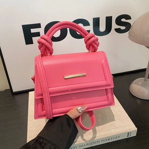 Women Fashion PU Leather Knot Handle Small Flap Crossbody Bag Solid Color Topstitching Metal Bar Handbag Shoulder Bag