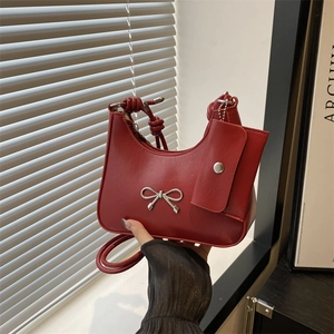Fashion Women PU Leather Bowknot Shoulder Bag Large Capacity Underarm Bag With Mini Pouch Solid Color Daily Tote Bag