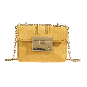 Mini mustard yellow crossbody bag with gold chain strap and textured suede finish
