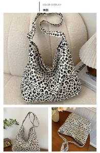 Three-view layout of off-white leopard print canvas tote bag with wide shoulder strap