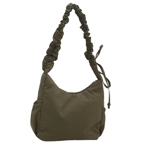 Olive green nylon hobo tote bag with pleated scrunchie shoulder strap and drawstring detail