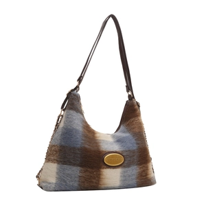 Sac à bandoulière en peluche à carreaux marron et bleu avec logo doré et cuir souple