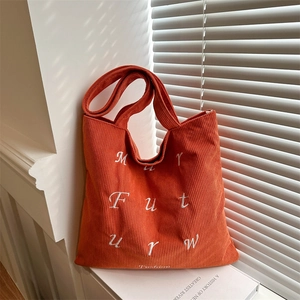 Women Corduroy Tote Bag Large Capacity Letter Embroidery Shoulder Bag Casual Shopping Handbag Retro Commuting Purse