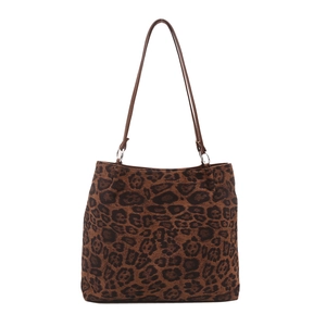 Retro leopard print tote bag with brown shoulder straps and silver metal rings