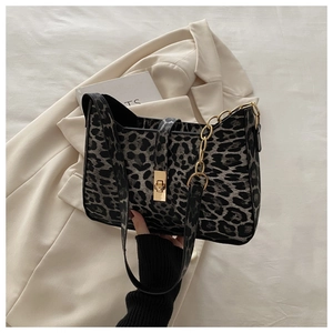 Nahaufnahme der Leoparden-Schultertasche mit goldener Schließe und Kettenriemen-Detail