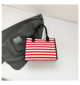 Close-up of red and white striped canvas tote bag featuring a silver magnetic clasp