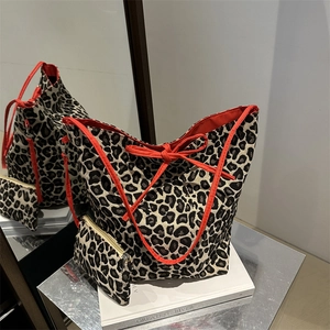 Leopard Print Nylon Tote And Pouch Large Capacity Shoulder Bag With Ribbon Bow For Women Fashion Everyday Commute Urban