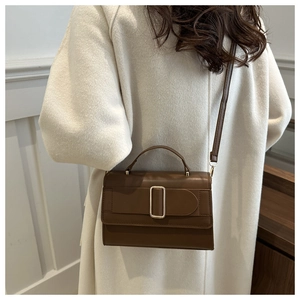 Close-up of brown leather bag with golden buckle on elegant model outfit